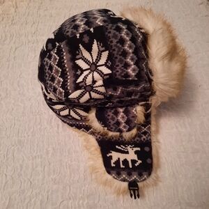 Knit Trapper Hat With Faux Fur Trim Black & White Reindeer Pattern With Ear Flap